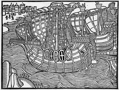 Laivasto 1400-luvulla "Vergier Dõhonneur" -kaiverruksen jälkeen. Kaiverrus kirjaan "La Marine et les colonies: commerce" tekijältä French School