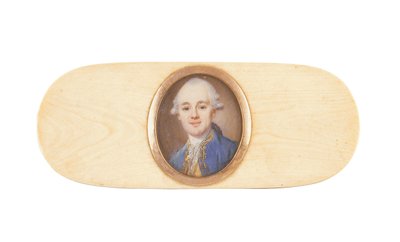 Herrasmies, jonka sanotaan olevan Sir Robert Ainslie, Bt., asetettu laatikon kanteen (akvarelli norsunluun päällä) tekijältä French School