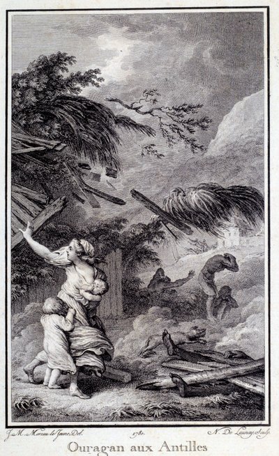 Hurrikaani Länsi-Intiassa. Kaiverrus vuodelta 1780 Chartres, Museum of Fine Arts tekijältä French School