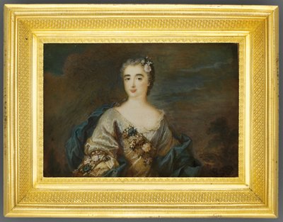 Nainen nimeltä Louise-Jeanne de Durfot, Duchesse de Mazarin et de la Meilleraye, n. 1750 (vesiväri norsunluun) (katso myös 1630586) tekijältä French School