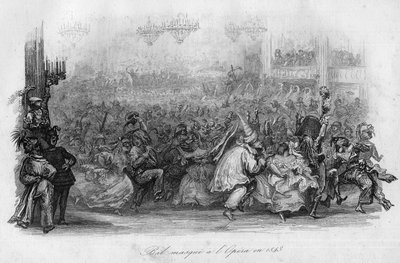 Naamiojuhla Pariisin oopperassa vuonna 1843. ("Le carnival"" kappale Marc-Antoine Madeleine Desaugiersin kappaleessa "" - CHANS et CHANS POPULES DE LA FRANCE - 1843 - H.- L. DELLOYE, kustantaja, LIBRAIRIE DE GARNIER. tekijältä French School