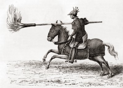 Keskiaikainen ritari, joka kantaa tulikeihää, joka on yksi maailman ensimmäisistä ruutiaseista, Les Merveilles de la Sciencesta, julkaistu n. 1870 (kaiverrus) tekijältä French School