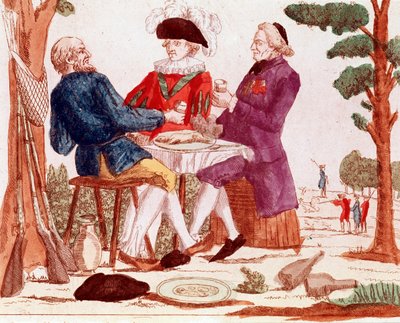 Talonpoika (tiers etat), papisto ja aristokraatti syövät kaniinia yhdessä pöydän ääressä, oikealla taustalla metsästyskohtaus, vasemmalla kolme asetta, elokuu 1789 (kaiverrus, 1700-luvun loppu). tekijältä French School