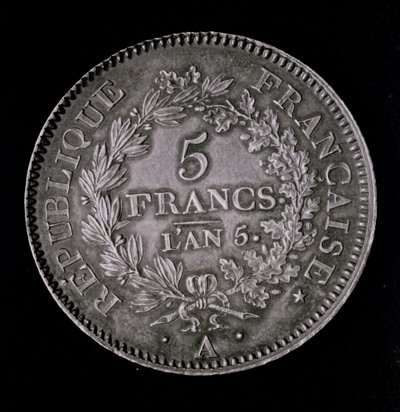 Punta 20 solia, joka vastaa ensimmäisen tasavallan ensimmäistä frangia (kääntöpuoli) (metalli) tekijältä French School