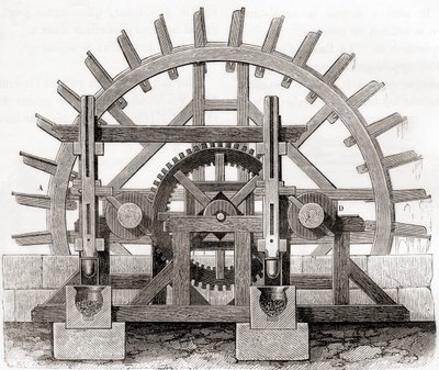 Jauhemylly ja sen vesipyörä, 1800-luvun piirustuksen mukaan, Les Merveilles de la Science, julkaistu noin 1870 (kaiverrus) tekijältä French School