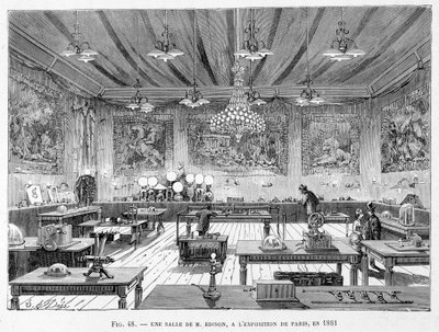 Herra Edisonin huone Pariisin näyttelyssä vuonna 1881 - Louis Figuierin "Tieteen uudet valloitukset" tekijältä French School