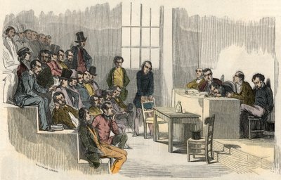 Kokoontumiskilpailun seanssi Sorbonnessa Pariisissa 1800-luvulla - Edmond Texierin kaiverrus "" Tableau-de-Paris "" 1852 tekijältä French School
