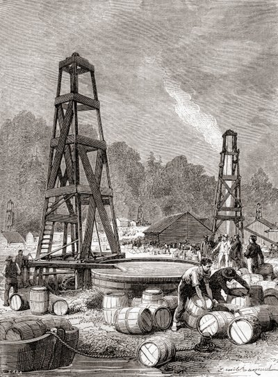 Öljylähde Oil Creekissä Allegheny-joella, Pennsylvaniassa, Yhdysvalloissa vuonna 1858, jonka löysi Edwin Laurentine Drake, alias eversti Drake, Les Merveilles de la Science -julkaisusta, julkaistu noin 1870 (kaiverrus) tekijältä French School