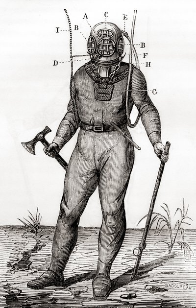 Joseph-Martin Cabirolin vuonna 1855 patentoima vakiosukelluspuku julkaisusta "Les Merveilles de la Science", julkaistu noin 1870 (kaiverrus) tekijältä French School