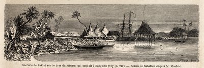 Paklatin sokeritehdas Thaimaan pääjoen Menamin varrella. Sabatier piirtää Henri Mouhotin matkan Siamin, Kambodžan ja Laosin valtakuntiin vuosina 1858–1861. Kaiverrus ”” Le tour du monde” ”, toimittanut Edouard Charto tekijältä French School