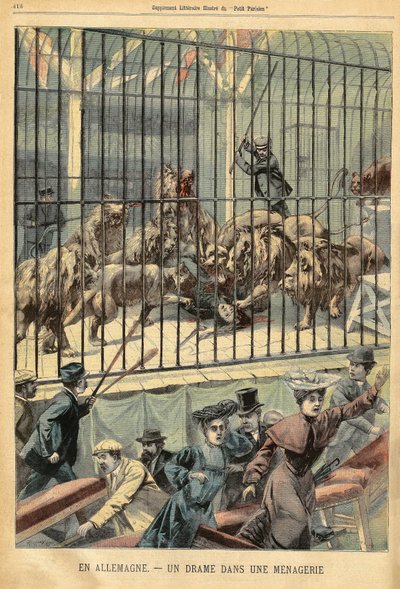 Un domador és devorat pels seus lleons en un zoològic de Dessau, Alemanya. Gravat a “” Le Petite Parisien””, el 27/12/1903.finlandès tekijältä French School