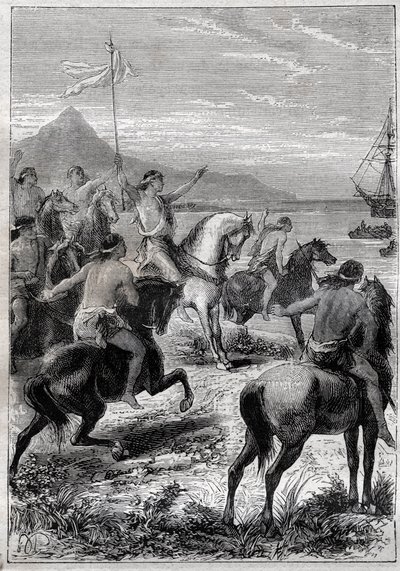 Joukko miehiä hevosen selässä käytti valkoista lippua: vara-amiraali John Byron (1723-1786) otettiin vastaan Cape des Virginsin alkuasukkaiden kanssa Magellanin Detroitin itäisellä suulla vuonna 1764 - kuva teoksesta "1700-luvun suuret merenkulkijat ”” tekijältä French School