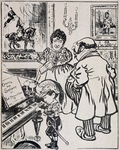 Käytetty pronssi, karikatyyri, jossa taistelulaivoja, nuotit Derouledelle pianolla ja Jeanne d