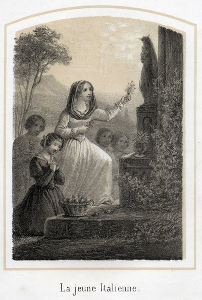 Hyvin hurskas nuori italialainen nainen osoittaa kunnioitusta Neitsyt Marialle antamalla hänelle oliivinoksan. Anonyymi kaiverrus 1800-luvulta tekijältä French School