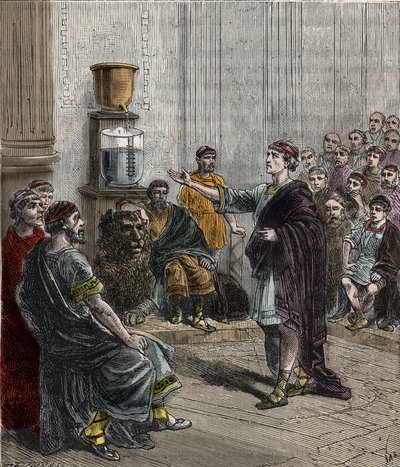 Vesikello tai clepsydra Ateenassa - Muinainen Kreikka - la clepsydre a Athenes - Kaiverrus "" Tieteet kaiken oven eteen - fysiikka ja kemia", kirjoittanut Alexis Clerc - 1800-luvun loppu - Yksityinen kokoelma tekijältä French School