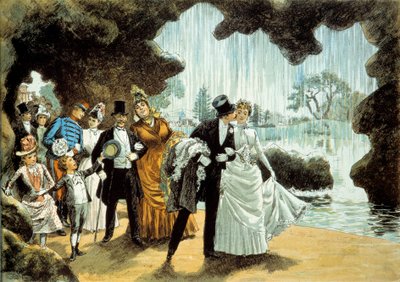 Häissä on vesiputous. Aviopari Parc des Buttes Chaumontissa (). Tuloste 1800-luvun loppupuolelta Yksityiskokoelma tekijältä French School
