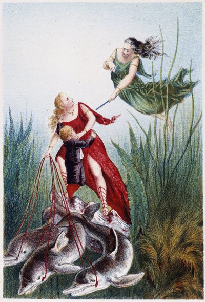 Nainen hyökkää toisen naisen ja delfiinien johtaman pojan kimppuun - H. de la Blanchèren teoksessa "Matka merenpohjaan". Pariisi, toim. Jouvet et Cie, sd. 1880. (Double 02947) tekijältä French School