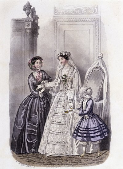 Nainen hääpuvussa tytön ja naisen ympäröimänä - elokuvassa "Journal des Demoiselles" 1852. tekijältä French School