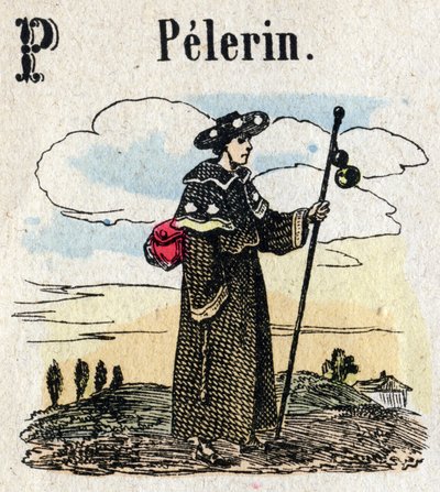 Abecedary. P-kirjain kuten Pelerin. Pieni tietosanakirja aakkoset, suosittu sarja. Epinaalinen kuvantaminen, 1800-luvun loppu tekijältä French School