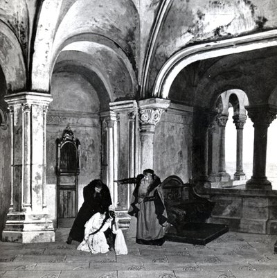 IV näytös, Debussyn Pelleas et Melisande 2. kohtaus valokuvasta Pariisin Opera-Comiquen oopperan ensimmäisestä tuotannosta huhtikuussa 1902, kuvitus Theater-lehdessä, kesäkuu 1902 (l tekijältä French School