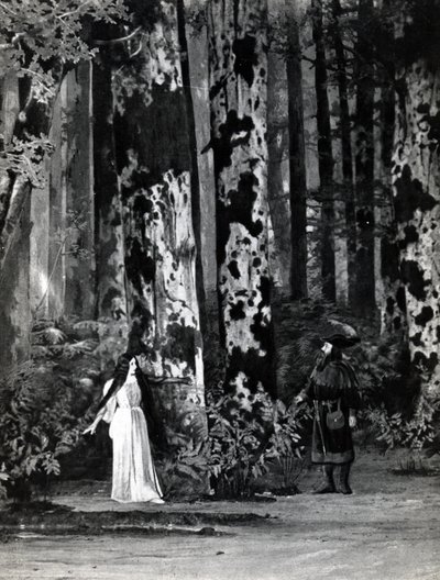 I näytös, Debussyn Pelleas et Melisande 1. kohtaus valokuvasta Pariisin Opera-Comiquen oopperan ensimmäisestä tuotannosta huhtikuussa 1902, kuvitus Theater-lehden kesäkuussa 1902 (li) tekijältä French School