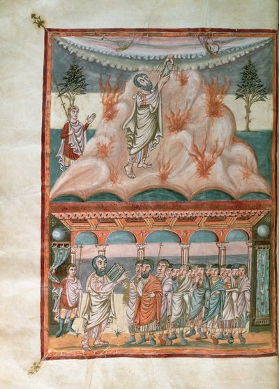 Lisää 10546 f.25b Mooses vastaanottamassa ja välittämässä Jumalan lakia Siinain vuorella Moutier-Grandvalin Raamatusta, valaistu Carolingian Abbey of St. Martin, Tours, n.834-843 (vellum) tekijältä French School