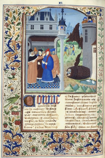 Lisätä. 11696, f.136v Boccaccio tarkkailee kidutusta, Giovanni Boccaccion teoksesta "Le Livre des Cases des Nobles et Illustres Hommes", n. 1470 (muste, väri ja kulta velumilla) tekijältä French School