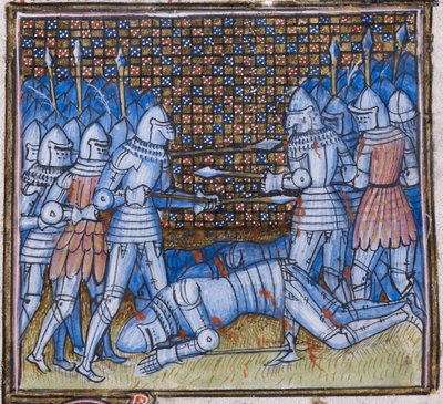 Lisätä. 38659 fol.170 Sir John Chandosin kuolema. Keskiaikainen taistelu, valaistus Jean Froissartin (vellum) Chroniques de France et D