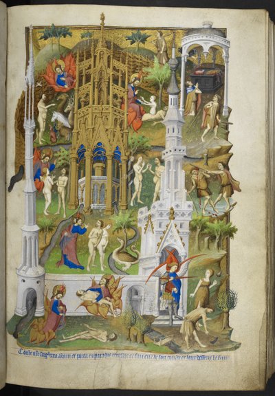 Lisää Ms 18850 f.14r kohtauksia luomisesta ja syntiinlankeemuksesta, Aadam ja Eeva sekä heidän poikansa Kain ja Abel kirjasta Book of Hours (The Bedford Hours) n. 1410-1430 (muste, väri ja kulta velumilla) tekijältä French School
