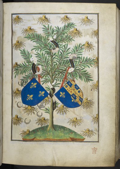 Lisää Ms 18850 f.15r Armorial -sivu, kirjasta Book of Hours (The Bedford Hours) n. 1410-30 (muste, väri ja kulta velumilla) tekijältä French School