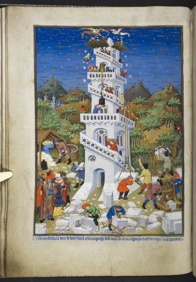 Lisää Ms 18850 f.17v Building of the Tower of Baabel, kirjasta Book of Hours (The Bedford Hours) n. 1410-30 (muste, väri ja kulta velumilla) tekijältä French School