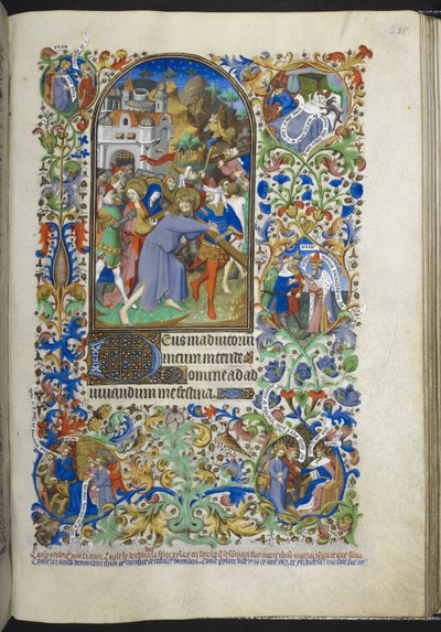 Lisää Ms 18850 f.235r, Hours of the Passion [Sext], Kristus kantaa ristiä, Book of Hoursista (The Bedford Hours) n. 1410-30 (muste, väri ja kulta velumilla) tekijältä French School