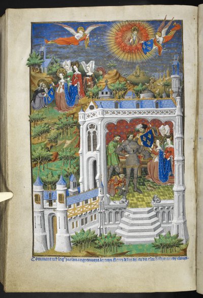 Lisää Ms 18850 f.288v, Legend of the Fleurs de Lys, kirjasta Book of Hours (The Bedford Hours) n. 1410-30 (mustetta, väriä ja kultaa velumilla) tekijältä French School