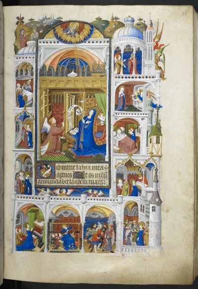 Lisää Ms 18850 f.32r, The Annunciation, kirjasta Book of Hours (The Bedford Hours) n. 1410-30 (muste, väri ja kulta perunakalvolla) tekijältä French School