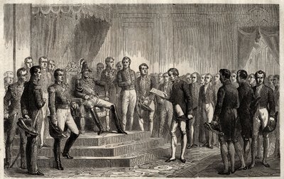 221:n puhe - Liberaali valtiomies Roy- Collard esittelee Address du 221 - Pierre Paul Royer-Collard lukemassa Ranskan kuninkaalle Charles X 221:n puhetta protestoidakseen valtaa vastaan vuonna 1830 - Pierre Paul Royer Collard (1763-1845) (Royer- kaulus) pr tekijältä French School