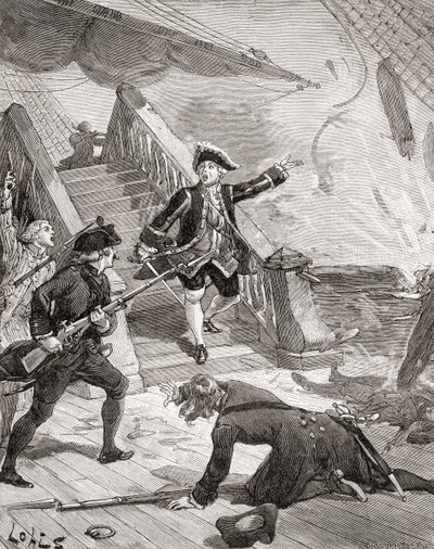 Amiraali Suffren Intian valtamerellä Englantia vastaan käymänsä sotaretken aikana 1700-luvulla, lähteestä "Histoire de France", julkaistu noin vuonna 1880 (kaiverrus). tekijältä French School