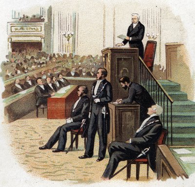 Adolphe Thiers (1797-1877), tasavallan presidentti kansalliskokouksen korokkeella 1872 - Kromolitografia (Chromo) 1900-luvun alun. tekijältä French School