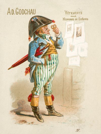 Mainos Ad Godchau miesten ja lasten vaatteista (chromolitho) tekijältä French School