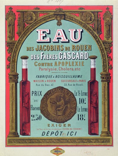 Mainos "Eau des Jacobins de Rouenista", 1800-luvun puoliväli (väri litho) tekijältä French School