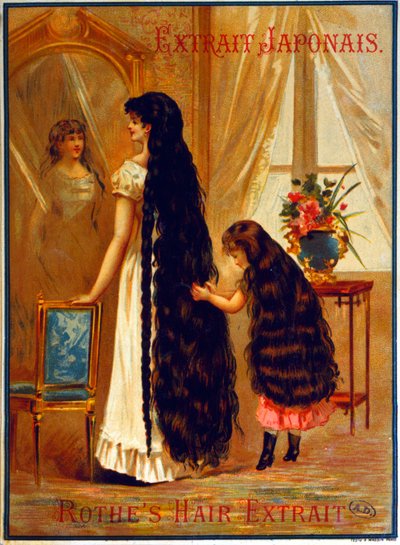 Mainos Extrait Japonaisista, hiusten kasvua edistävästä kampaamotuotteesta, 1895 tekijältä French School