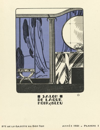 Mainos "Salon de Laque Noir  Bleue", pub.1921 (sabluunapainatus). tekijältä French School