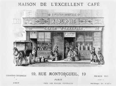 Mainos kahvinmyyjästä Rue Montorgueilissa, Pariisissa, n. 1870 tekijältä French School