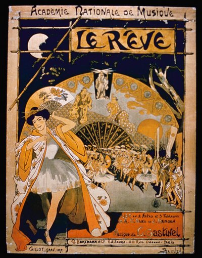 Mainos musikaalista Unelma, Academie Nationale de Musiquessa, kaiverrus Gillot, n. 1890 (värikaiverrus) tekijältä French School