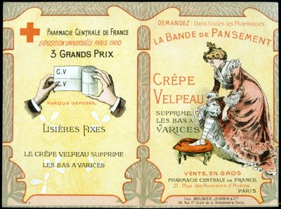 Mainoskortti "" Velpeau Crepe Dressing Band poistaa suonikohjut sukat"". Sd. 1800-luvulla. tekijältä French School