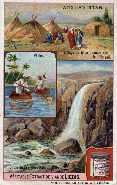 Mainoskortti, jossa näkyy paimentolaisheimon kylä Hilmendillä, kalastajat ja Kabul-joen putoaminen Afganistanissa. 1800-luvun kromolitografia. tekijältä French School