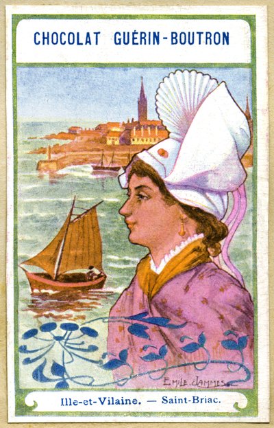 Suklaan mainoskrolitografia Guerin Boutron, Ranskan, Ille et Vilaine, Saint Briac, alueiden päähineet, kuvitus Emile Jammes (kromolitografia) tekijältä French School