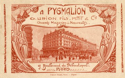Mainos tavaratalolle "" Stores de Nouveltes A Pygmalion""" 9 boulevard de Sebastopol Pariisissa. tekijältä French School