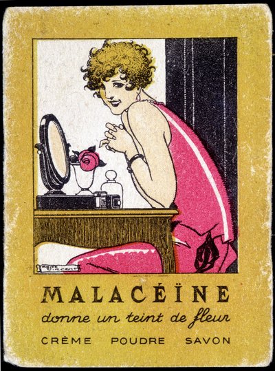 Mainospostikortti Malacéínen kauneudenhoitotuotteille. noin 1920. tekijältä French School