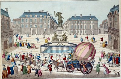 Aerostat: toinen yritys lentää ilmapallolla. Charlesin ja Robertin koko aerostaattinen maapallo Pariisissa vetykaasupallolla tehdyn matkan jälkeen 12.2.1783. Nimetön 1700-luvun printti. Pariisi, koristetaide tekijältä French School