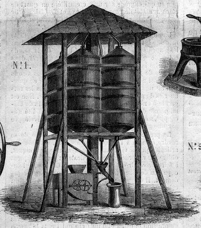 Maatalouskone: konservatiivinen ullakko vehnälle, joka esiteltiin vuoden 1860 maatalousnäyttelyssä Pariisissa. Kaiverrus "" Le Monde Illustré" -julkaisussa nro 168, 30. kesäkuuta tekijältä French School